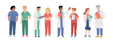 Doctors Team, Diverse Hospital Healthcare Staff Nurse, Surgeon Or Therapist Characters In Medical Robes. Group Of Clinic Workers, Medicine Profession Personages Cartoon Linear Flat Vector Illustration