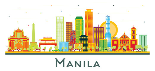 Wall Mural - Manila Philippines City Skyline with Color Buildings Isolated on White.