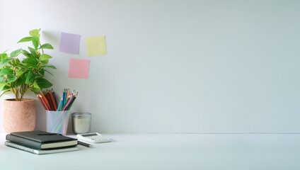 Wall Mural - Creative workplace with potted plant, stationery, calculator and colourful sticky notes on light wall.
