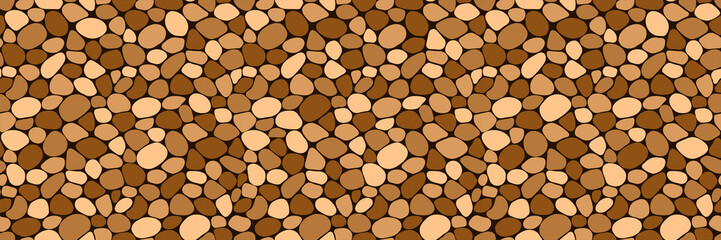 Wall Mural - Stone paving seamless pattern vector illustration. Pebble repeated background. brown cobblestone rubble template wallpaper for interior designs, landscaping, web game and wall fill textures.