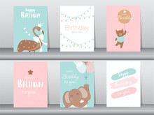 Set Of Birthday Cards,poster,invitation,template,greeting Cards,animals,cute,Vector Illustrations