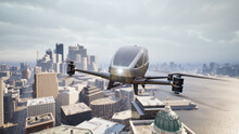 Autonomous Driverless Aerial Vehicle Fly Across City, 3d Render