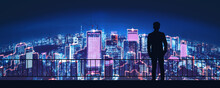 Business Man With Metaverse Neon City Technology Background