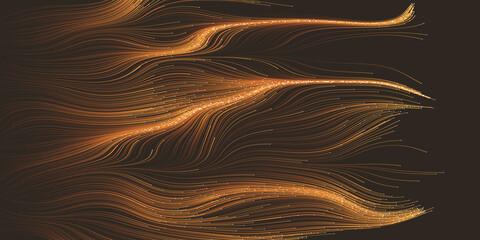 Wall Mural - Dark Brown Moving, Flowing, Stream of Particles in Curving, Wavy Lines - Digitally Generated Dark Futuristic Abstract 3D Geometric Background Design, Generative Art in Editable Vector Format