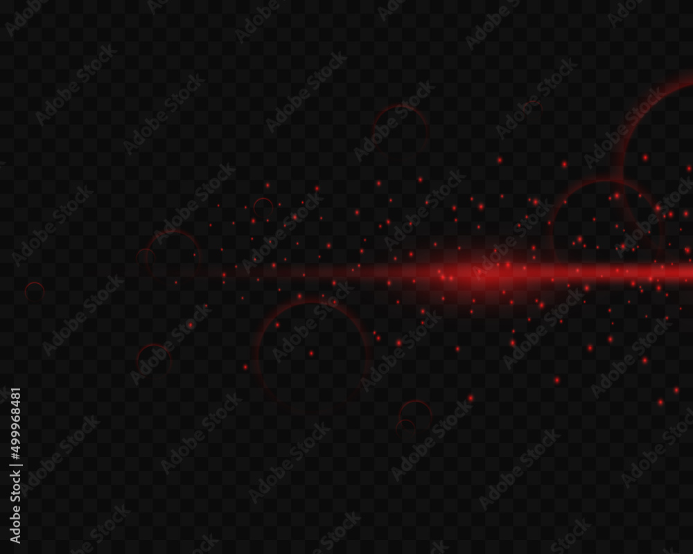 Set of red glowing light effects, glare and dust isolated on ...