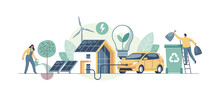 Environmental Care And Use Clean Green Energy From Renewable Sources Concept. Modern Eco House With Windmills And Solar Energy Panels, Electric Car Near Charging Station. Recycling. 