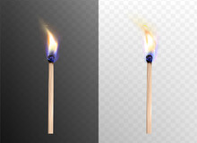 Realistic 3d Vector Illustration Of Whole Burning Matchsticks On Dark And White Transparent Background. Ablaze Wood Match, Fire On Wooden Stick. Flame Light, Ignition Or Flaming Effect.