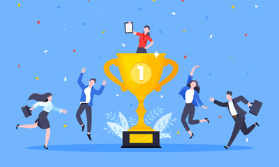 Wall Mural - Employee recognition or proud workers of the month business concept flat style design vector illustration. Young adult people jump in the air with trophy cup.