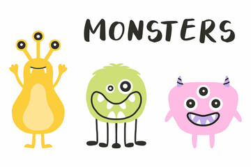 Hand-drawn poster with cute monsters. Doodle style. Vector illustration in scandinavian style. Children's illustration with monsters.