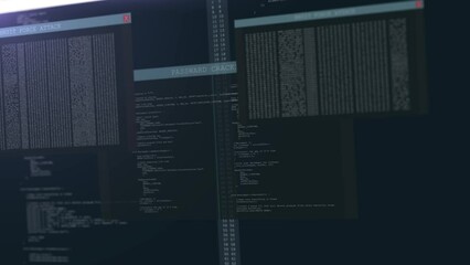 Developer working on program codes. Hackers stealing data, strings of programming code on display, security breach. Hacking in progress, professional cyber attack. Hacking or protection data
