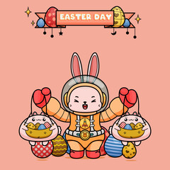 Wall Mural - Celebrating Easter, doddle bunny mascot with an outline, in a kawaii style. cartoon illustration of easter bunny in astronaut suit holding two bunny bags both hand