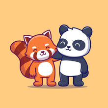 Cute Panda And Red Panda Cartoon Vector Icon Illustration. Animal Friend Icon Concept Isolated Premium Vector. Flat Cartoon Style