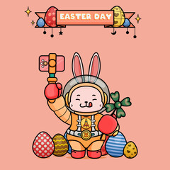 Wall Mural - Celebrating Easter, doddle bunny mascot with an outline, in a kawaii style. easter bunny cartoon illustration in astronaut suit holding a smartphone for vlogging adn clover leaf