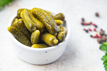 Gherkins Cucumber Salted Pickled Vegetable Food Meal Snack On The Table Copy Space Food Background 
