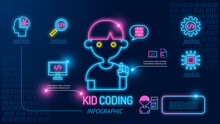 Kid Coding Infographic Icon Neon. Boy Programming On Laptop In Computer Language. Children Learning Kids Coding School. Teach To Create Computer And Mobile Phone Apps.