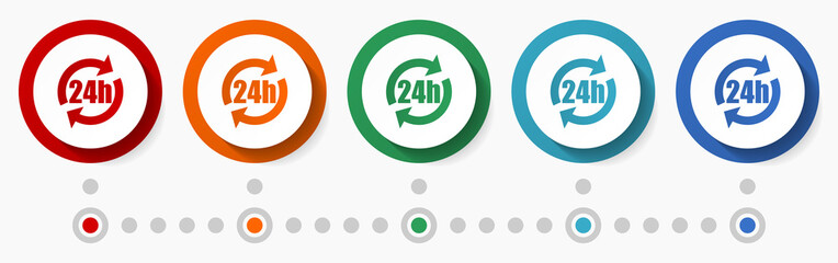 Poster - 24h service concept vector icon set, flat design colorful buttons, infographic template in 5 color options