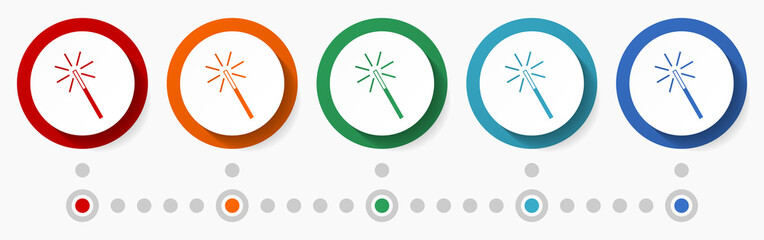 Aufkleber - Magic wand, wizard concept vector icon set, flat design colorful buttons, infographic template in 5 color options