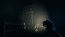 Horror Game Concept - Monster With Disproportionate Body Structure In The Forest Footpath - 3D Render