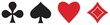 Spielkarten Symbol Set Vektor in schwarz und rot. Herz, Kreuz, Pik und Karo Illustration. Weißer isolierter Hintergrund.