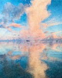 Nature landscape painting in oil pictorial art, famous travel and tourism place, outdoor vacation trend print for poster, paper, textile or canvas. Modern fine arts design wallpaper. Wall art drawing