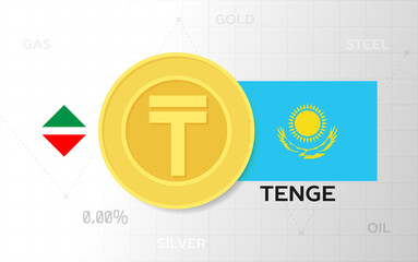 Template of a graph of the growth and fall of the exchange rate or currency exchange with precious metals. Coin with Tenge sign and flag of Kazakhstan. Currency exchange concept for web design