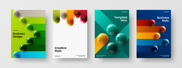 Wall Mural - Amazing pamphlet A4 design vector template bundle. Clean realistic spheres company cover illustration collection.