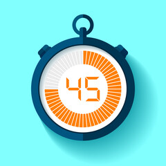stopwatch icon in flat style, round timer on color background. 45 seconds. sport clock. vector desig