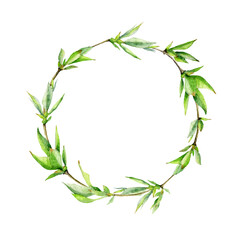  Watercolor wreath of spring green leaves and branches. Painted by hand. Suitable for the design of banners, cards, invitations.