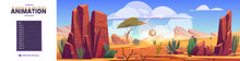 Desert Of Africa Natural Background With Layers Ready For 2d Game Animation. African Nature Landscape Tumbleweed Rolling Along Hot Dry Deserted Land With Sand, Cacti And Rocks, Cartoon Illustration