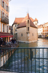 Annecy. FRANCE. View of the river Thiou flowing through the city of Annecy