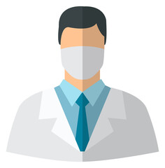 Sticker - Doctor icon. Man avatar in medical mask and coat