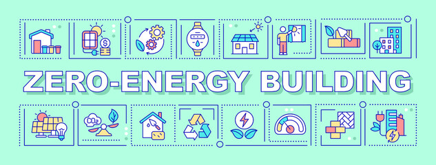 Sticker - Zero energy building word concepts mint banner. Alternative materials. Infographics with icons on color background. Isolated typography. Vector illustration with text. Arial-Black font used