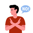 Man with hand gesturing no or stop sign in flat design. No means no concept.