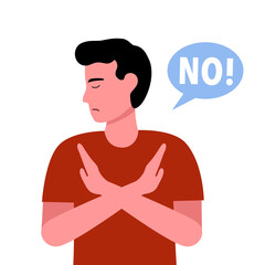 Man with hand gesturing no or stop sign in flat design. No means no concept.