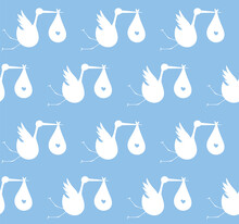 Seamless Pattern With White Storks On A Blue Background With Baby Boys. Suitable For Wallpaper, Wrapping Or Textile.