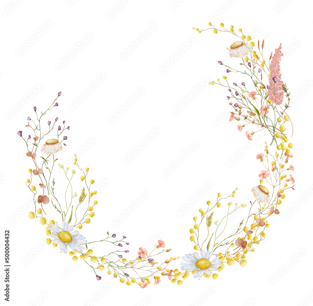 Wild flowers watercolor wreath botanical hand drawn illustration Stock ...