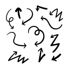  Set of vector arrows. Black arrows on a white background. Hand drawn style, cartoon style.
