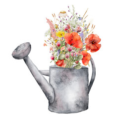 Wall Mural - bouquet of wild flowers in a watering can watercolor hand drawn illustration