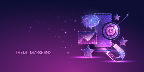 Futuristic digital marketing, mobile advertising concept banner on purple background