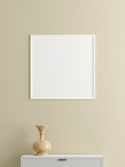 Minimalist square white poster or photo frame mockup on the wall in the living room with desk. 3d rendering.