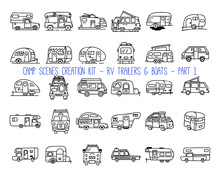 Set Of Linear Icons Of Camper Trailers
