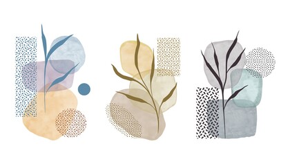 Set of abstract illustrations with leaves. Minimalist geometric elements and hand drawn lines