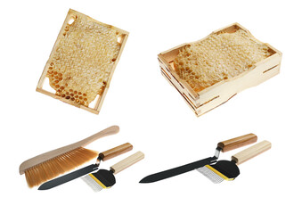 Wall Mural - Wooden hive frames with honeycombs and different beekeeping tools on white background, collage