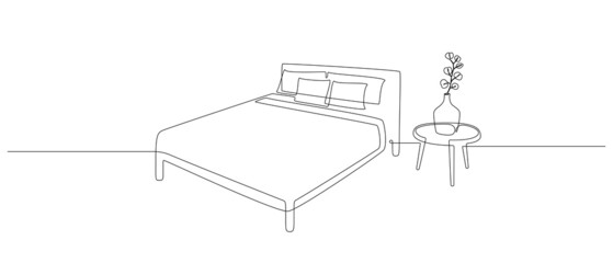 Aufkleber - Continuous one line drawing of double bed and table with vase with monstera leaf. Scandinavian stylish furniture for sleep bedroom in simple Linear style. Editable stroke. Doodle vector illustration