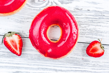 Close up with donuts in sweet shop top view space for text