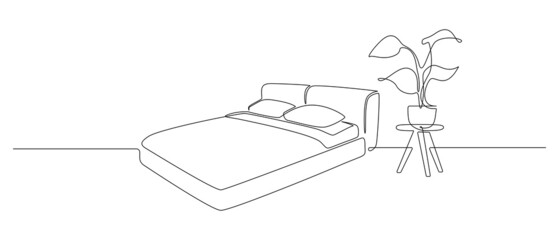 Aufkleber - Continuous one line drawing of double bed and table with potted plant. Scandinavian stylish furniture for sleep bedroom in simple Linear style. Editable stroke. Doodle vector illustration