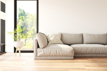 White living room with sofa and summer landscape in window. Scandinavian interior design. 3D illustration