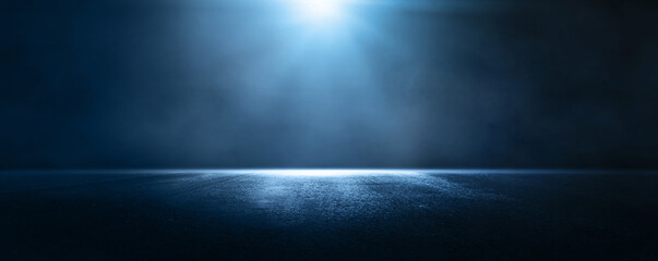 empty scene with blue neon light. asphalt blue street with smoke. empy background.
