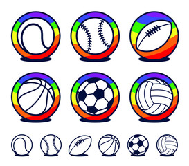 Sticker - Set of cartoon sports ball icons with rainbow colors for badges or stickers