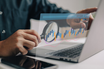 Aufkleber - Information about analytics and statistics on development. Measurement of web analysis and product testing technology. A man examines a dashboard with regard to SEO optimization and a digital report.
